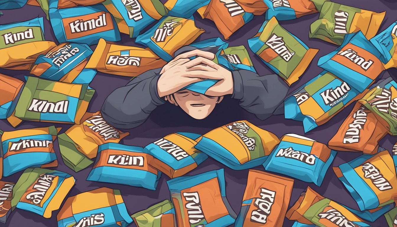 A pile of empty Kind Minis bar wrappers surrounds a person, who looks overwhelmed with guilt and discomfort