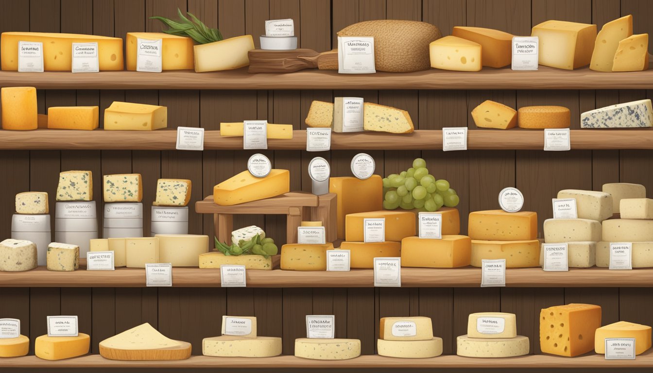 A farmer's market stall displays an array of Montana artisan cheeses, neatly arranged on wooden boards with labels indicating their availability