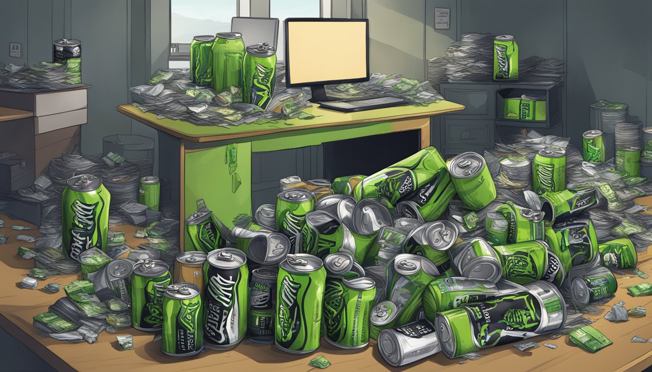 A cluttered desk with empty Monster Energy cans stacked high, surrounded by discarded cans and overflowing trash