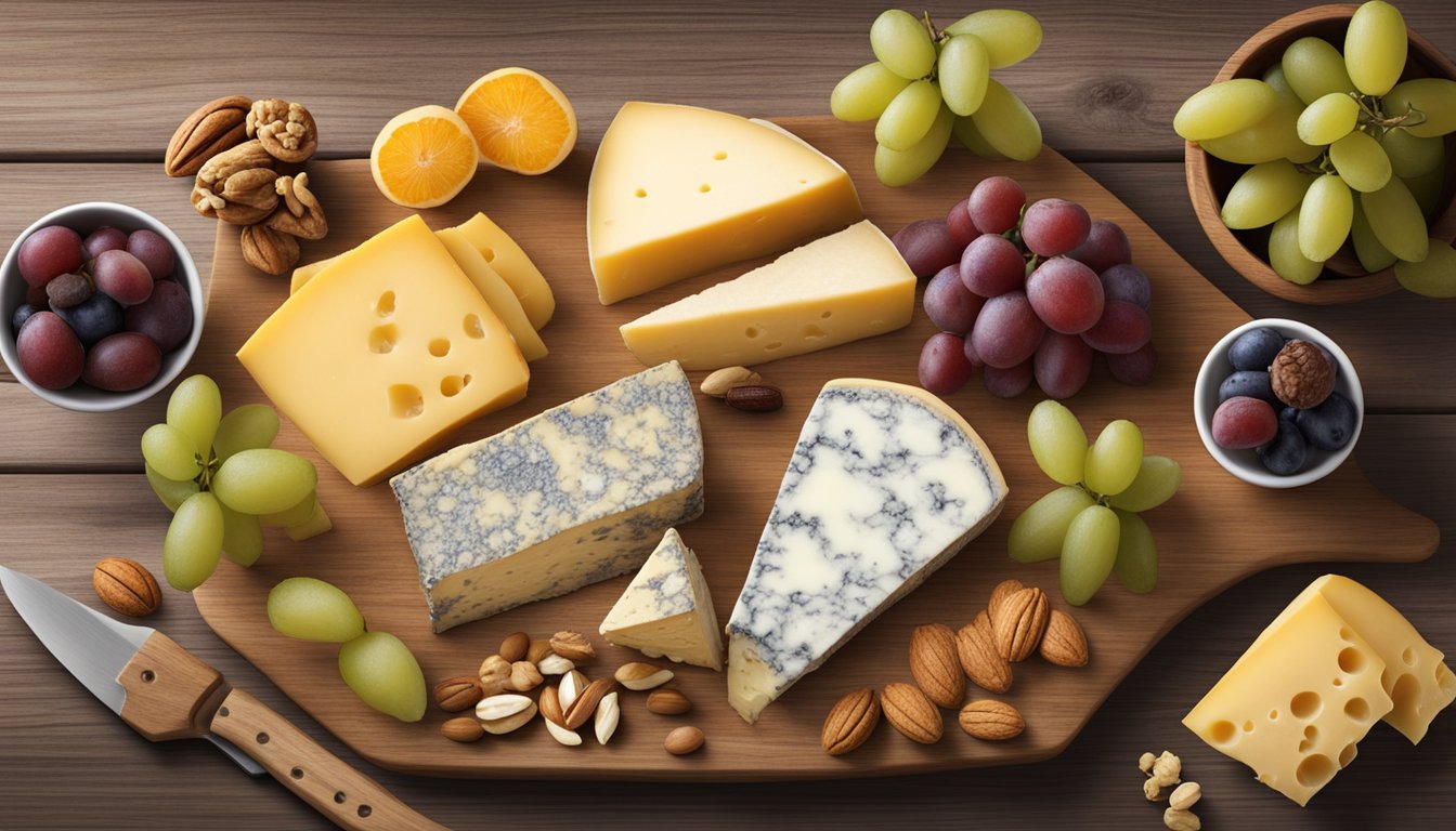 A rustic wooden board displays a variety of local Montana artisan cheeses, accompanied by fresh fruits, nuts, and honeycomb