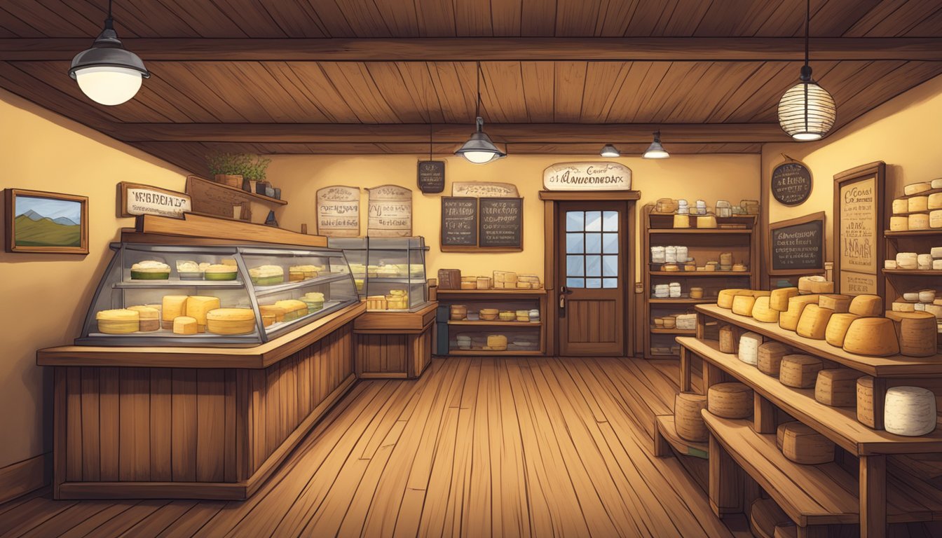 A rustic Nevada cheese shop, with wooden shelves lined with various artisan cheeses, a cozy tasting area, and a sign proudly displaying the local cheese movement