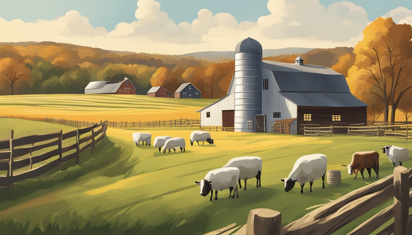 A rustic barn with rolling hills in the background, showcasing a small New Jersey cheesemaking operation with local artisans crafting and aging their specialty cheeses