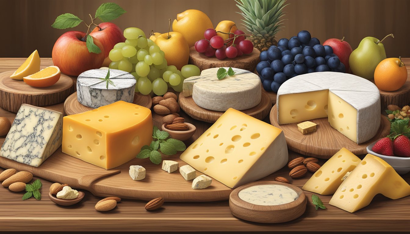 A rustic wooden table displays an array of locally crafted cheeses from New Jersey, including wheels, blocks, and wedges, with accompanying garnishes of fruits, nuts, and herbs