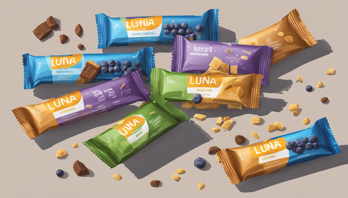 A table with various flavors of Luna Bars scattered across it, with empty wrappers and a nutrition label visible