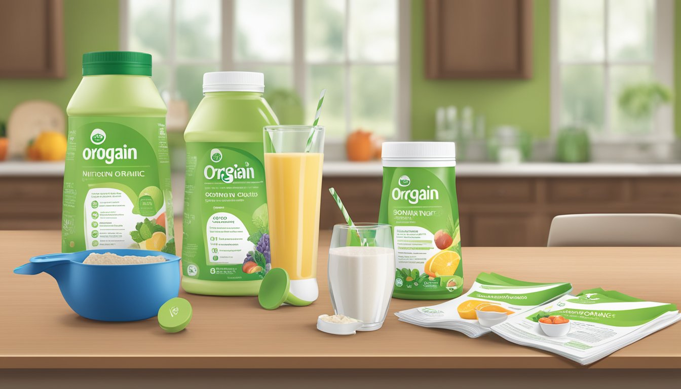 A table with several bottles of Orgain organic nutrition shake, a measuring cup, and a nutrition guide