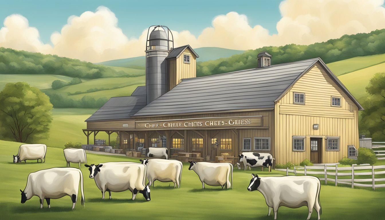 A rustic New Jersey creamery with a backdrop of rolling hills and lush green pastures, where key cheese producers craft artisanal cheeses