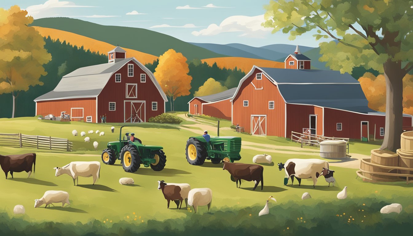 A rustic New Hampshire farm with rolling green hills, a quaint dairy barn, and a group of local artisans crafting small-batch, artisanal cheeses