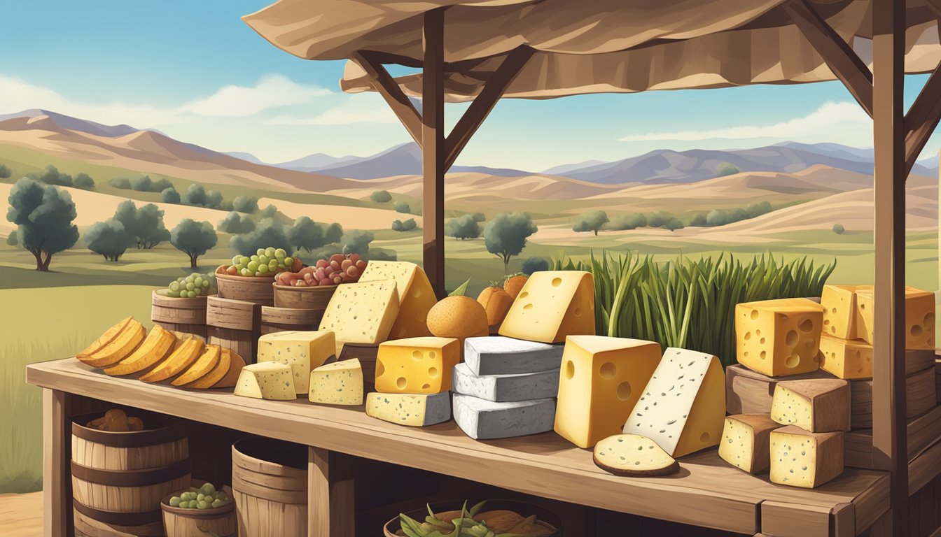 A rustic farmer's market booth displays a variety of Nevada artisan cheeses, nestled in straw baskets and wooden crates, with a backdrop of rolling hills and blue skies