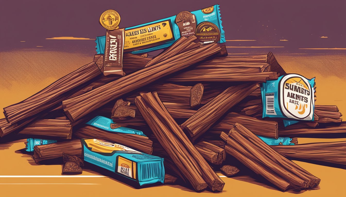 A pile of empty Jack Links beef jerky sticks surrounded by warning signs and a crossed-out "exceeds recommended limits" symbol