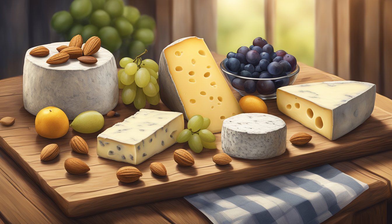 A rustic wooden table displays a variety of artisanal cheeses from New Hampshire, accompanied by fresh fruits and nuts. The soft lighting highlights the textures and colors of the cheeses