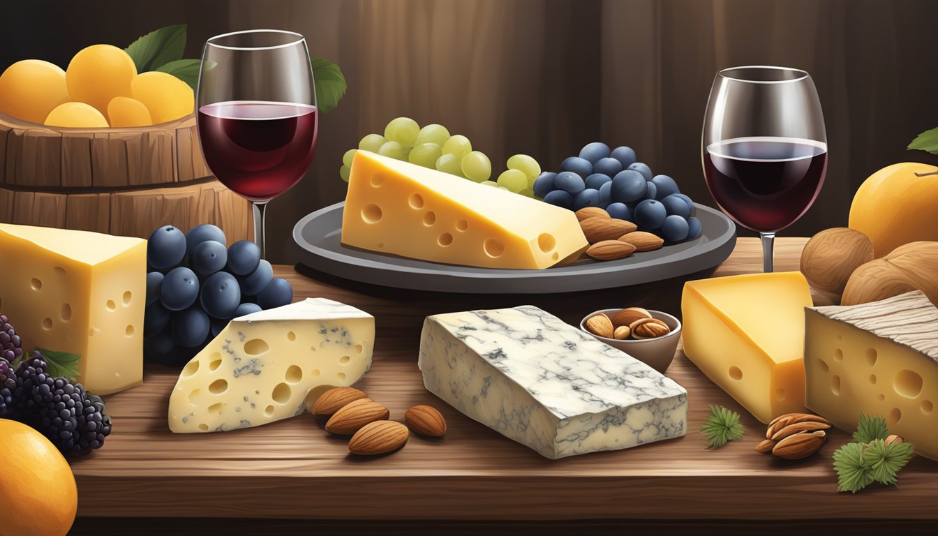 A rustic wooden table adorned with a variety of locally crafted Nevada cheeses, accompanied by fresh fruits, nuts, and a glass of wine