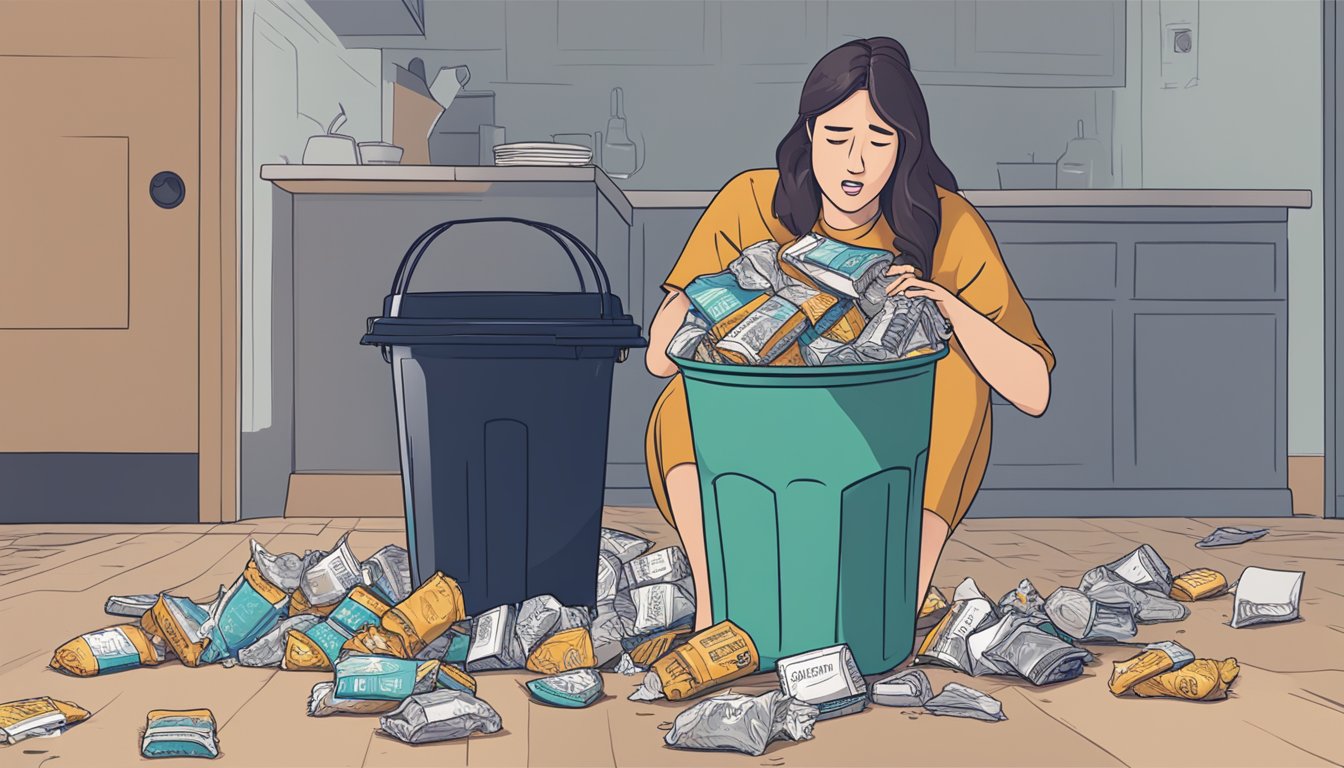 A pile of Luna bars spilling out of an overflowing trash can, with a person looking overwhelmed and holding their stomach