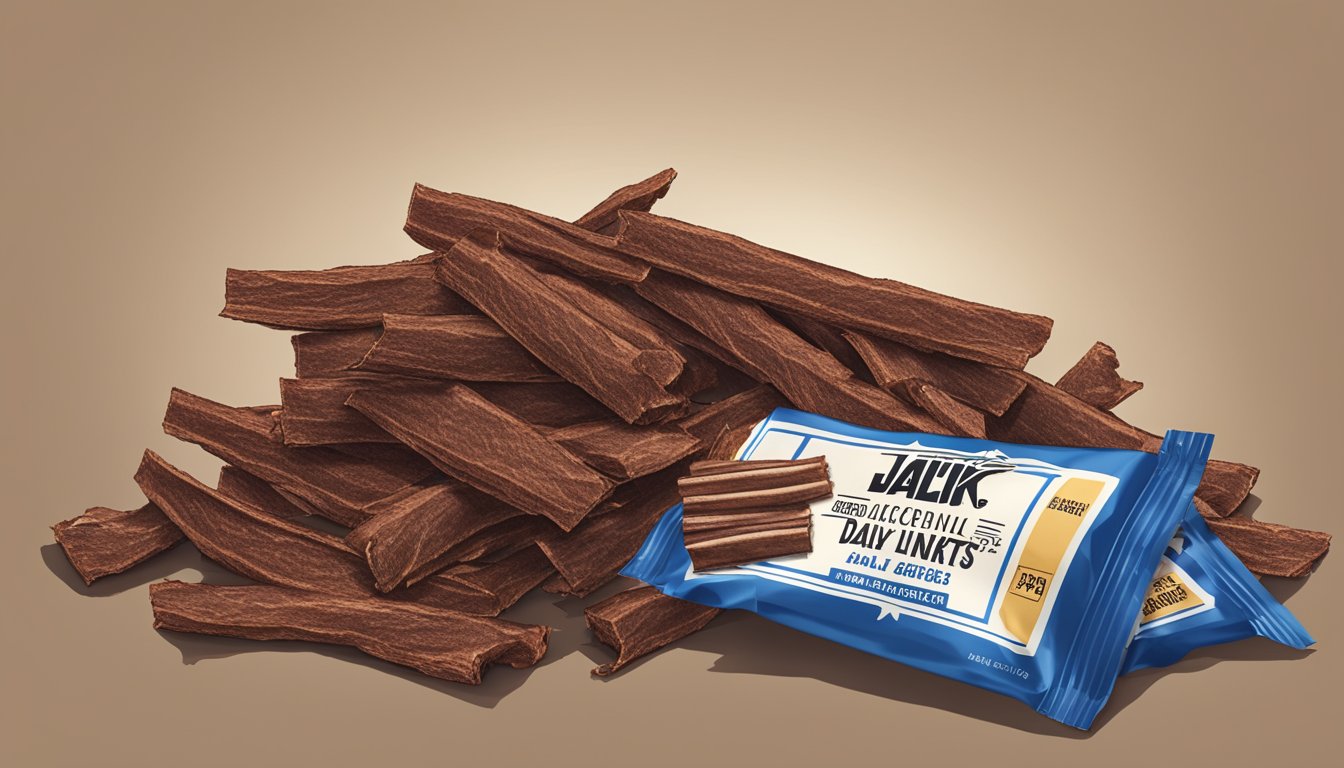 A pile of Jack Links beef jerky sticks spilling out of a torn package, with a warning label showing exceeding recommended daily intake limits