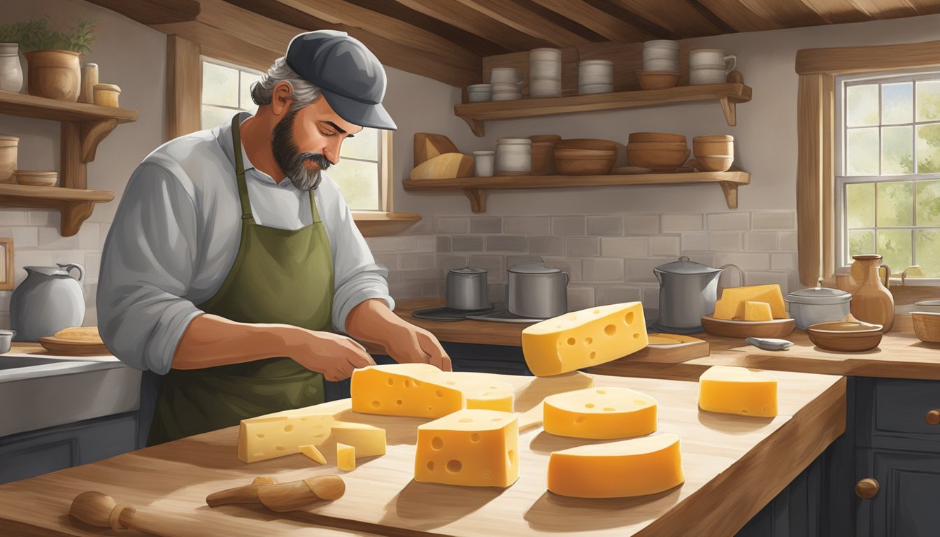 A local artisan in New Jersey skillfully crafts cheese using traditional techniques in a rustic farmhouse kitchen