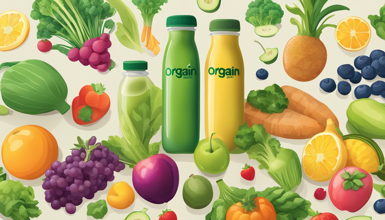 A table with several bottles of Orgain Organic Nutrition Shake, surrounded by various fruits and vegetables