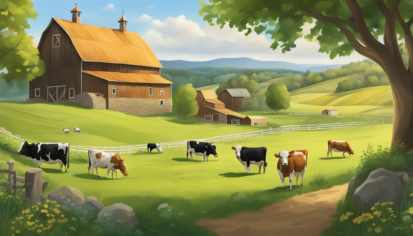 A rustic farm setting with rolling green hills, a quaint cheese-making barn, and contented cows grazing in the pasture