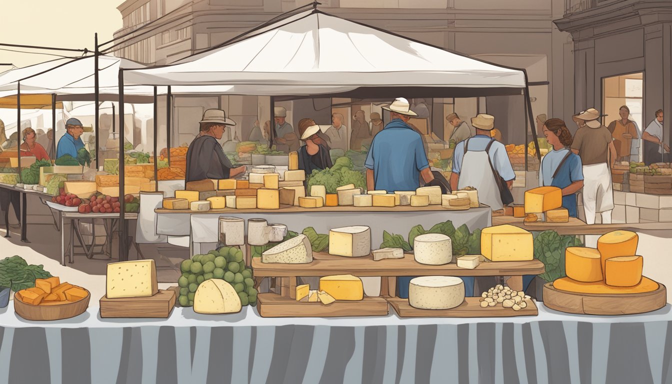 A bustling farmers' market stall showcasing an array of Nevada local artisan cheeses, with customers sampling and purchasing various types