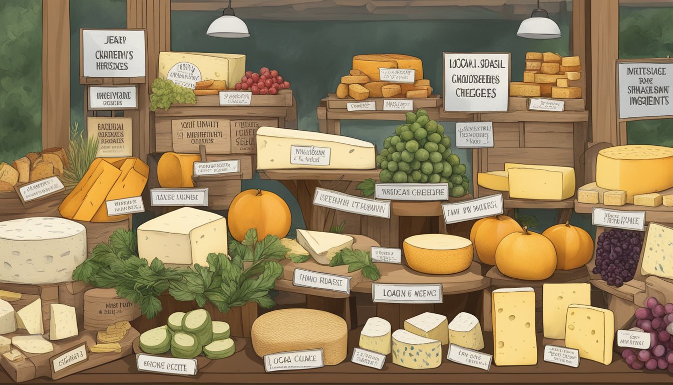 A farmer's market stall displays a variety of New Jersey artisan cheeses, with signs highlighting the importance of local ingredients