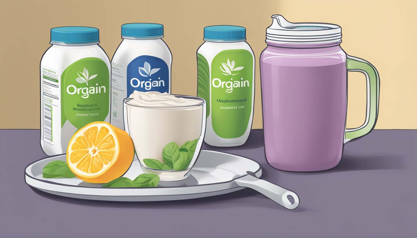 A table with multiple Orgain organic nutrition shake bottles, some half-empty, and a measuring cup showing recommended serving size