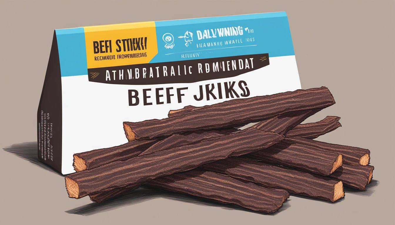 A pile of beef jerky sticks, with a warning label and a daily recommended limit highlighted