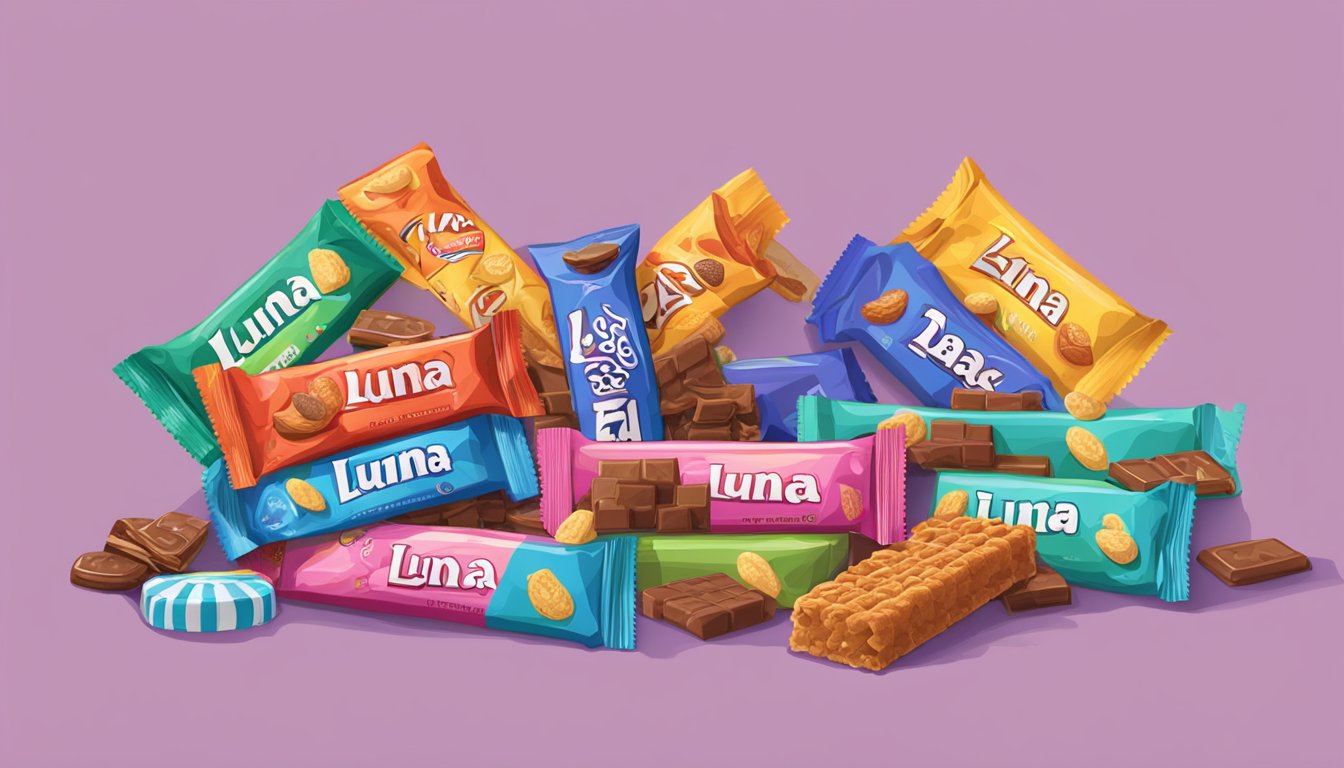 A table with various snack options, including Luna bars, with a pile of Luna bars stacked higher than the others, suggesting excess consumption