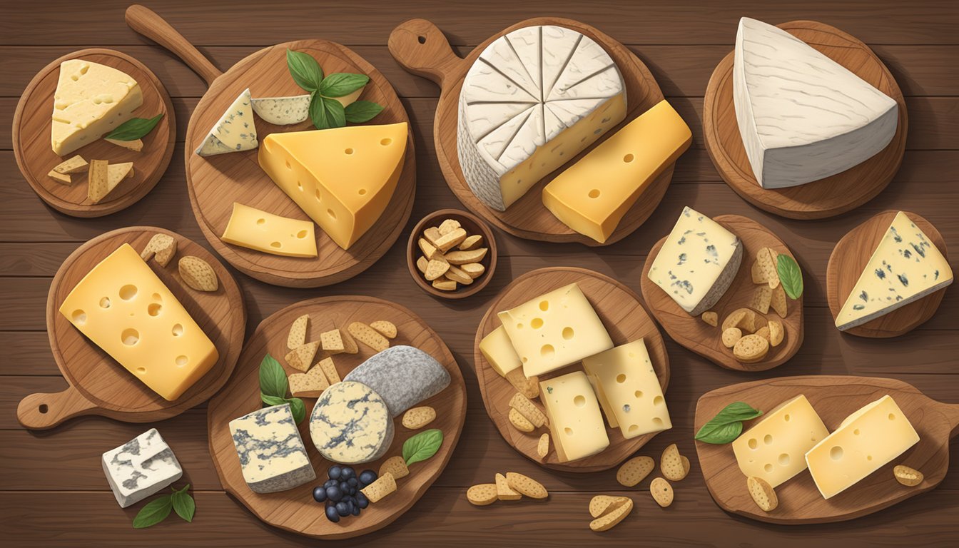 A rustic wooden table displays a variety of artisan cheeses from New Hampshire, including wheels, wedges, and blocks. Labels indicate the different flavors and types