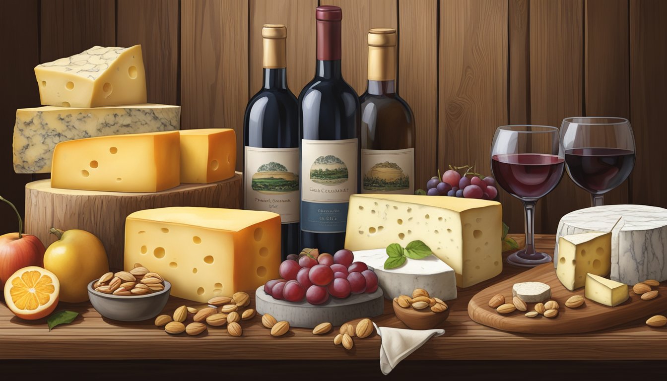 A rustic wooden table displays a variety of New Jersey artisan cheeses, accompanied by fresh fruits, nuts, and a bottle of local wine