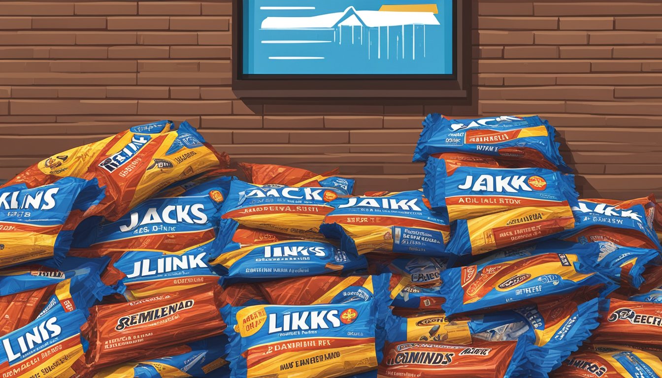 A pile of empty Jack Links beef jerky stick wrappers next to a "recommended daily limit" sign