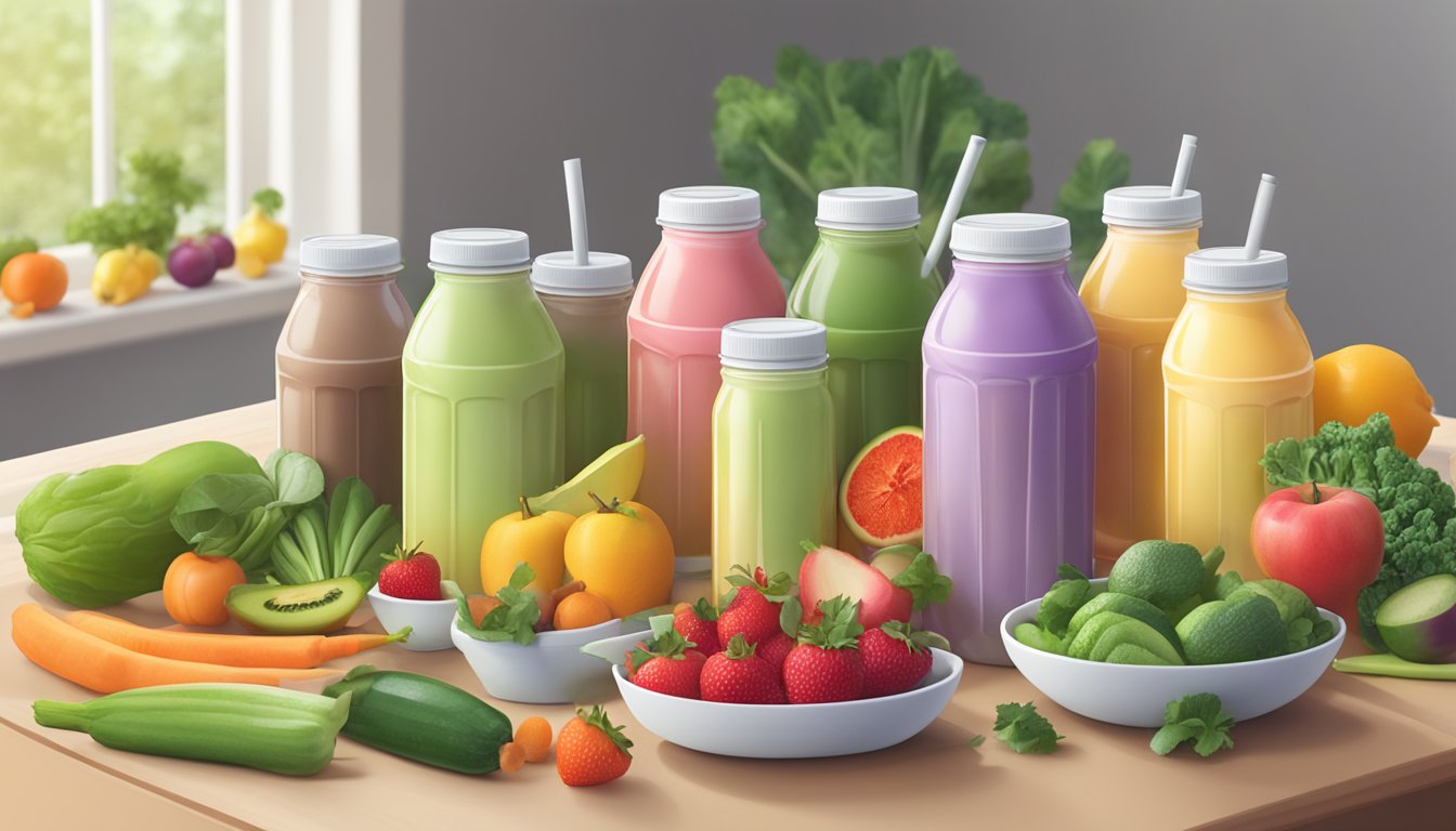 A table with multiple Orgain Organic Nutrition Shake bottles, some empty and others partially consumed, surrounded by various fruits and vegetables