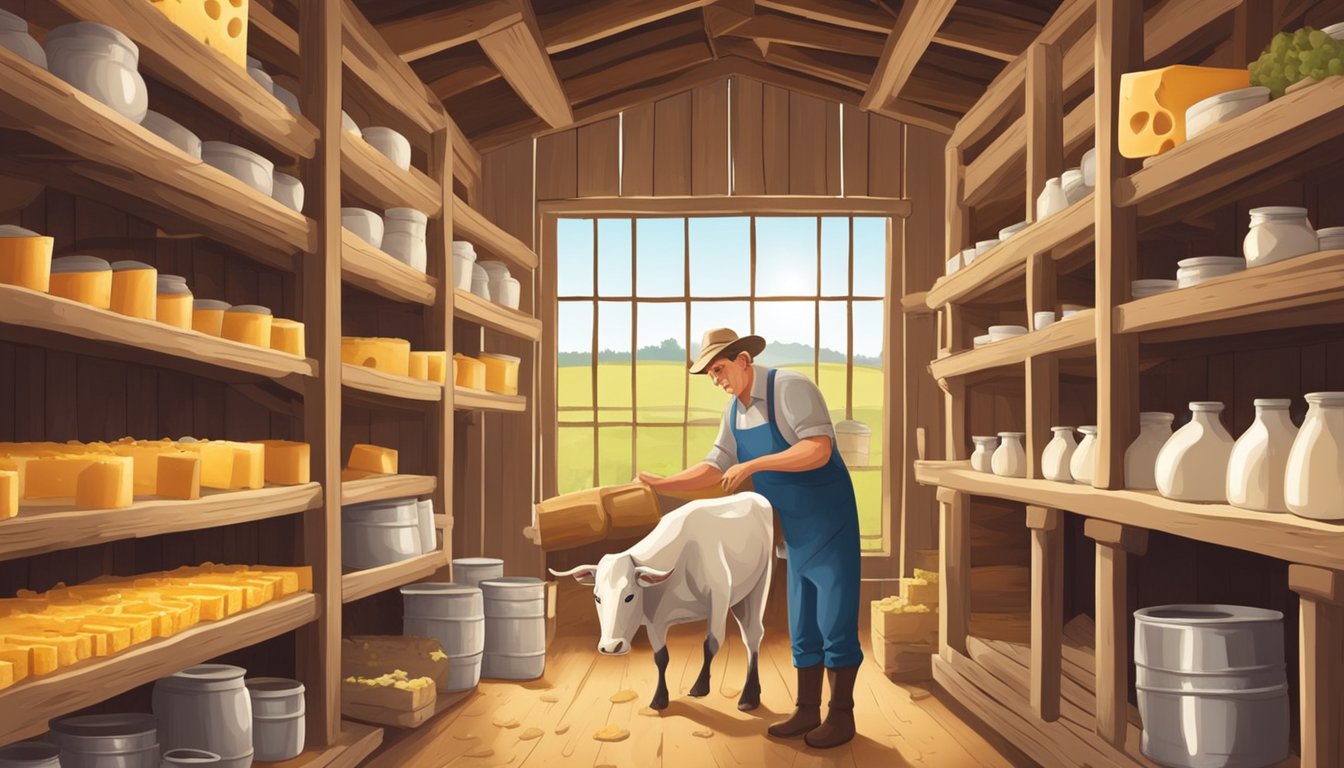 A farmer milks cows in a rustic barn, while others carefully craft and age wheels of cheese on wooden shelves