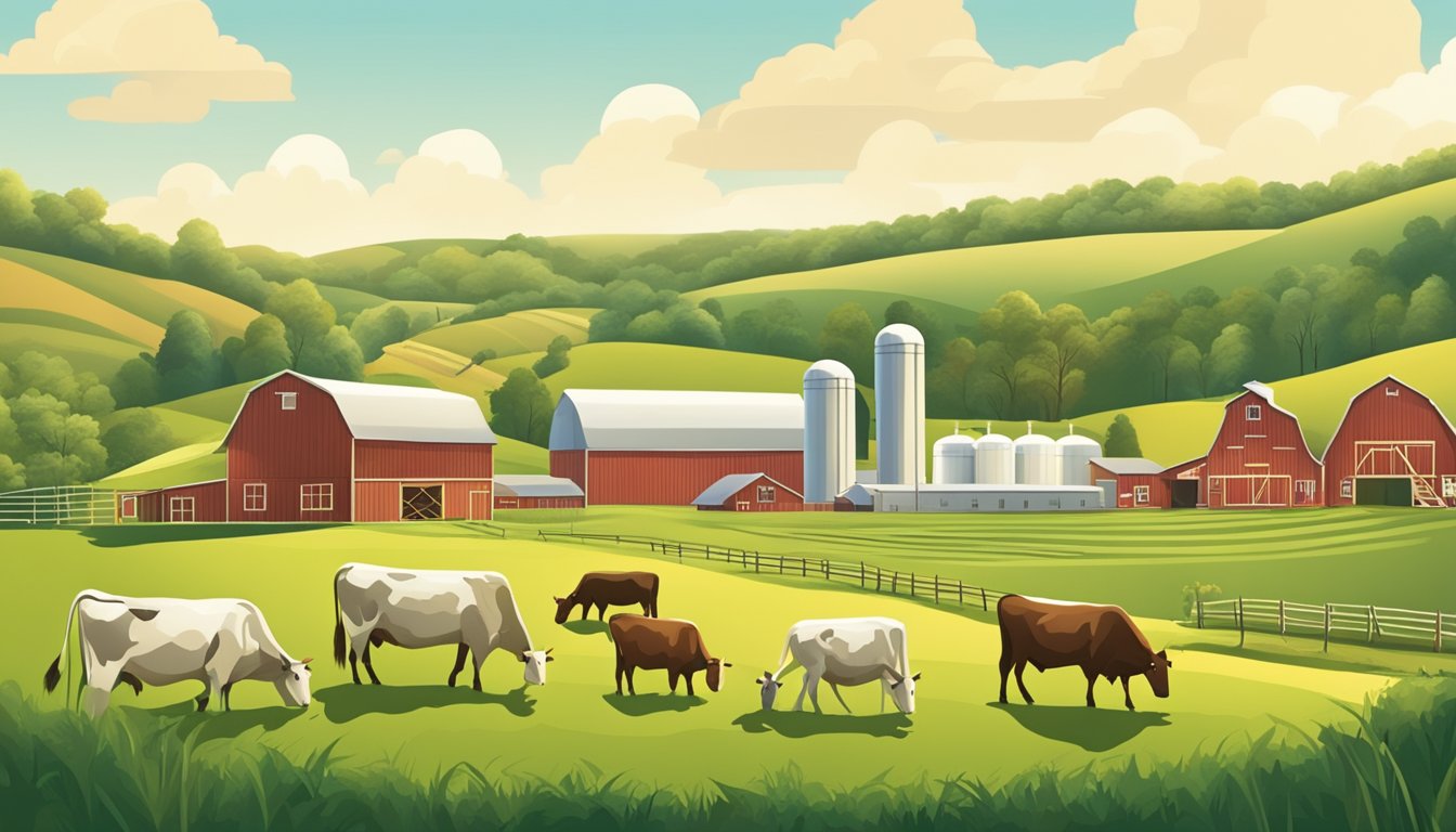 A picturesque New Jersey farm with rolling green hills, happy grazing cows, and a small artisan cheese production facility powered by sustainable energy sources