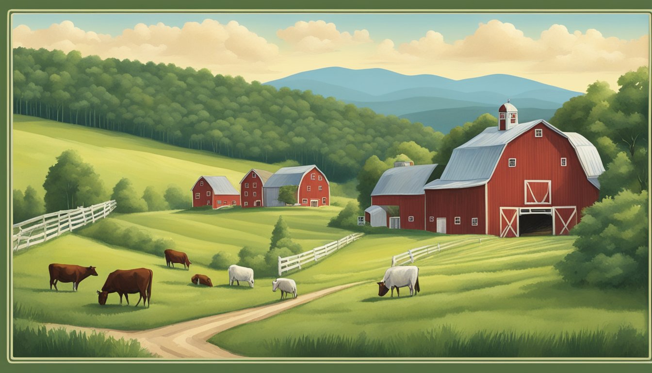 A rustic farm scene with rolling hills, a red barn, and grazing cows, surrounded by lush greenery and a sign advertising "New Hampshire Local Artisan Cheese."