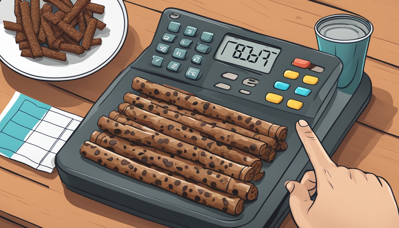 A table with various jerky sticks, a nutrition label, and a hand holding a calculator