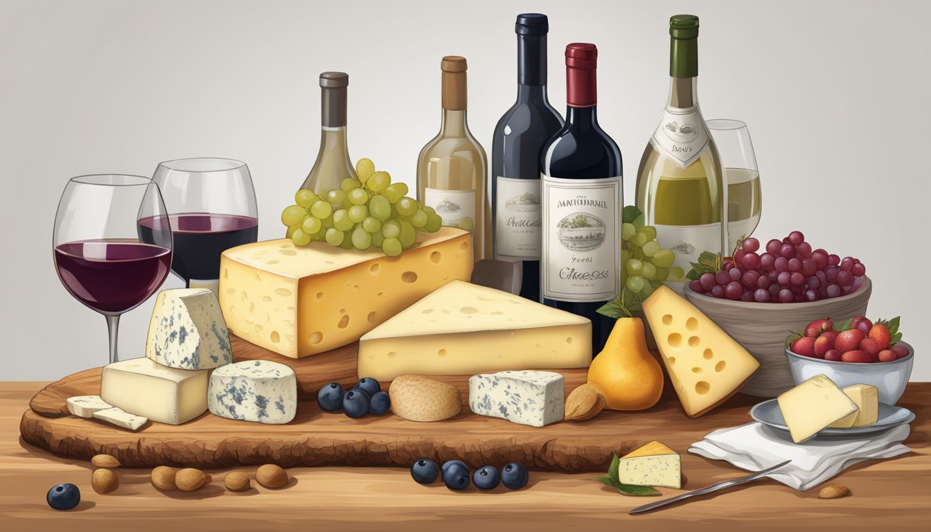 A rustic wooden table adorned with a variety of local New Hampshire artisan cheeses, accompanied by fresh fruits and a glass of wine