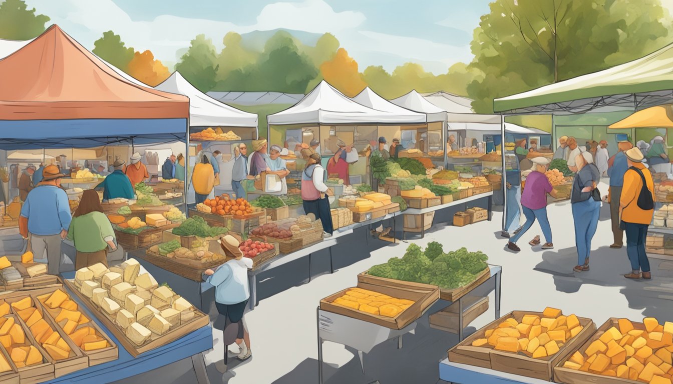 A bustling farmers' market in New Hampshire, with a colorful array of local artisan cheeses on display, surrounded by a lively community of vendors and customers