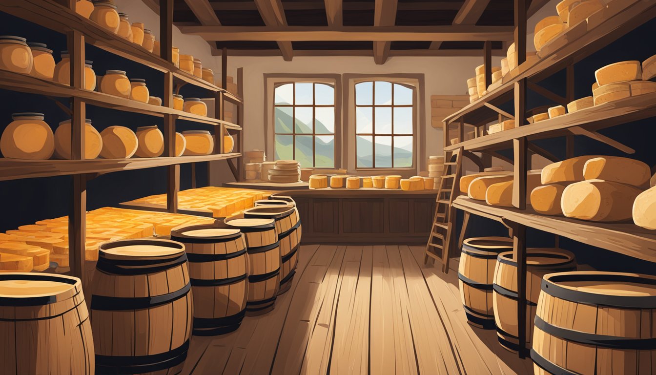 A rustic cheese-making workshop in New Mexico, with aged wooden barrels, large copper pots, and shelves filled with local artisan cheeses