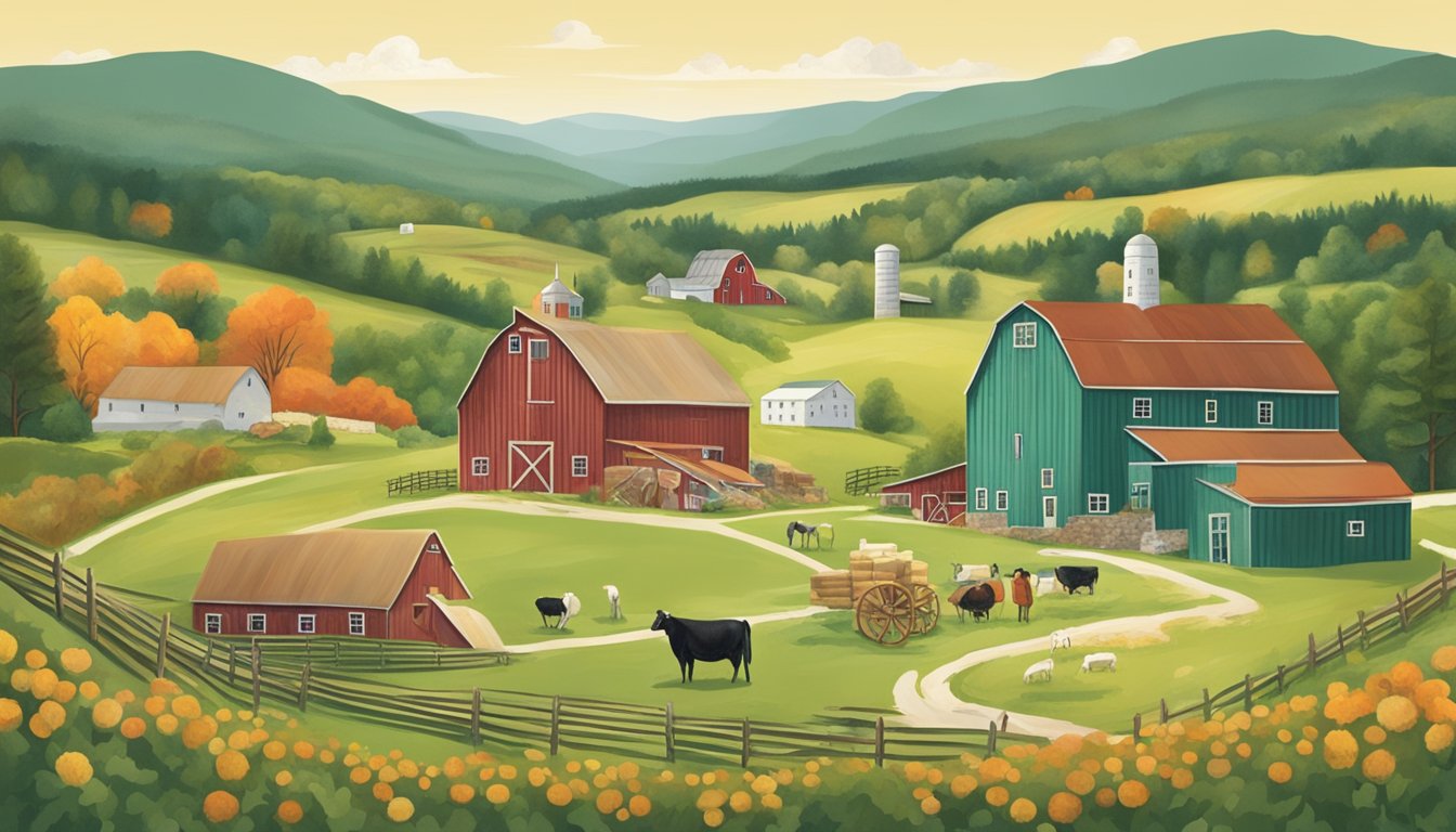 A rustic New Hampshire farm scene with rolling green hills, a quaint cheese-making facility, and a network of local artisans collaborating and supporting each other