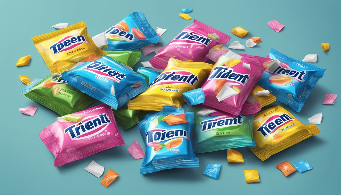 A pile of open Trident gum packs scattered on a table, surrounded by discarded wrappers