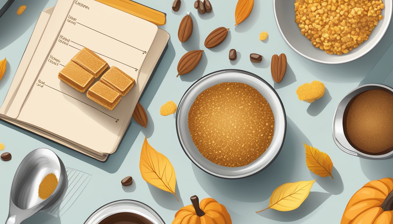 A table with an assortment of Autumn's Gold grain free bars, surrounded by measuring cups and a nutrition guide