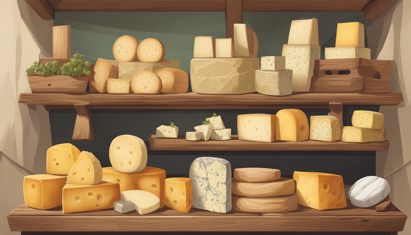 A rustic cheese shop in New Mexico showcases a variety of local artisan cheeses, displayed on wooden shelves and in vintage crates