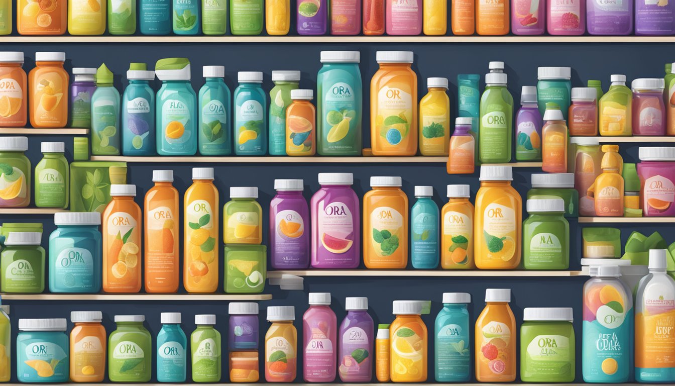 A colorful array of Ora Organic supplement bottles overflowing on a kitchen counter