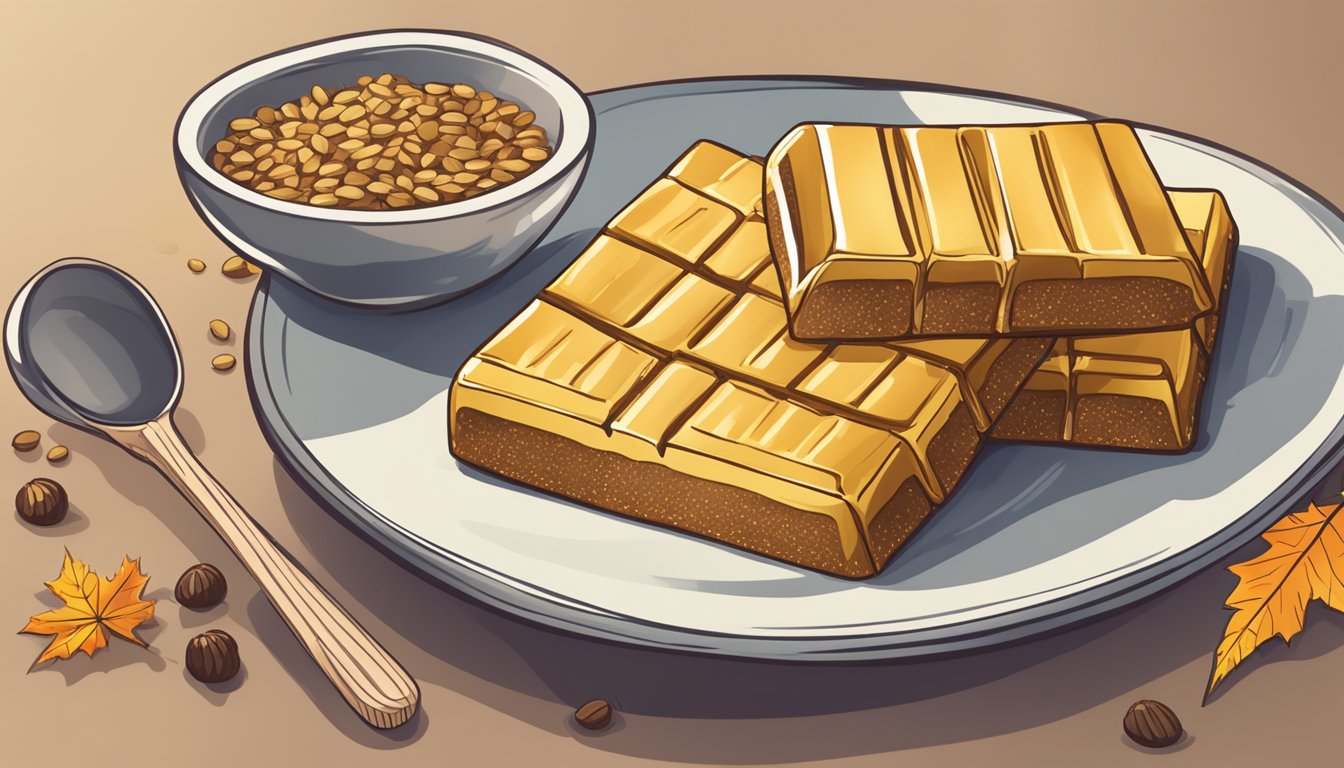 A pile of Autumn's Gold Grain Free Bars stacked on a plate, with a measuring cup next to it