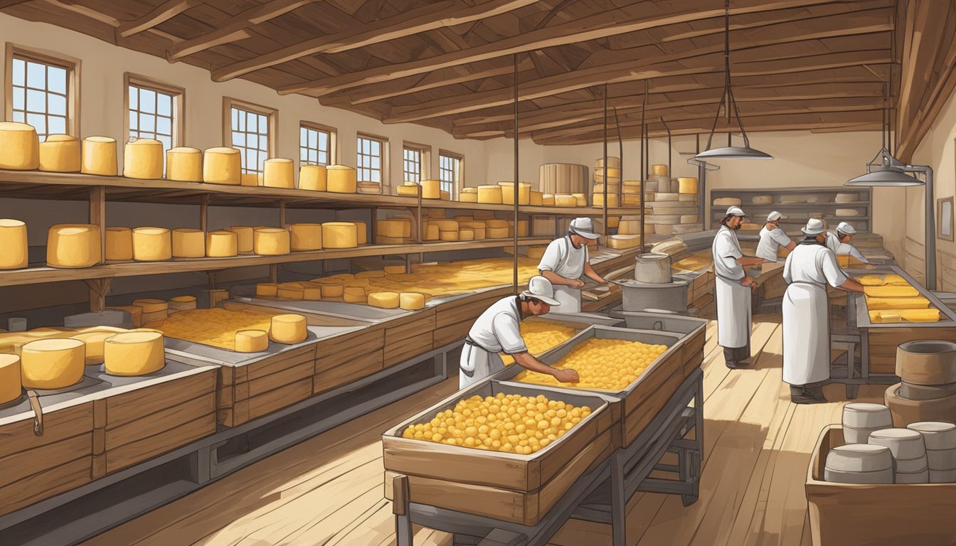 A rustic New Mexico creamery with large vats and wooden shelves filled with aging cheese wheels. Workers in aprons tend to the production process