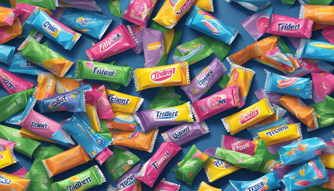 A pile of empty Trident gum wrappers scattered around a desk, with an overflowing trash can nearby