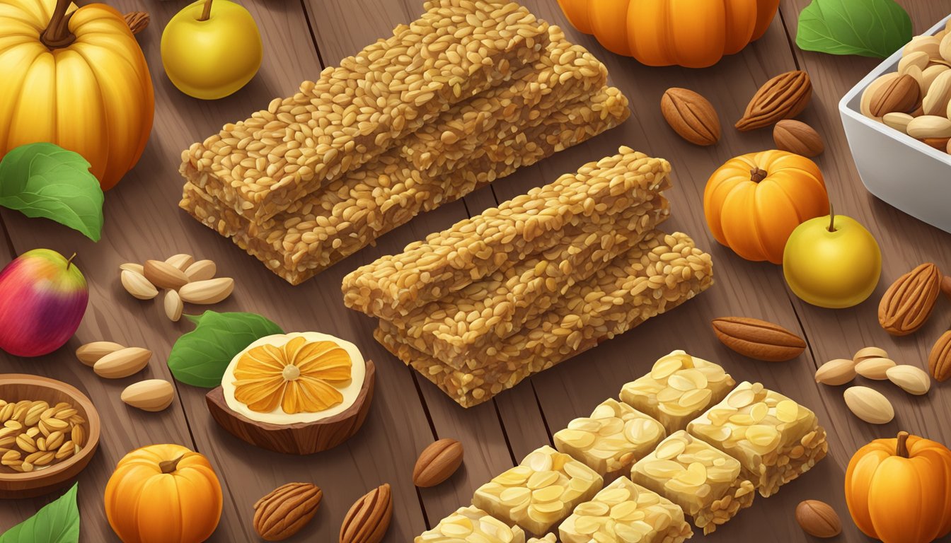 A colorful array of Autumn's Gold grain-free bars, surrounded by fresh fruits and nuts on a wooden table