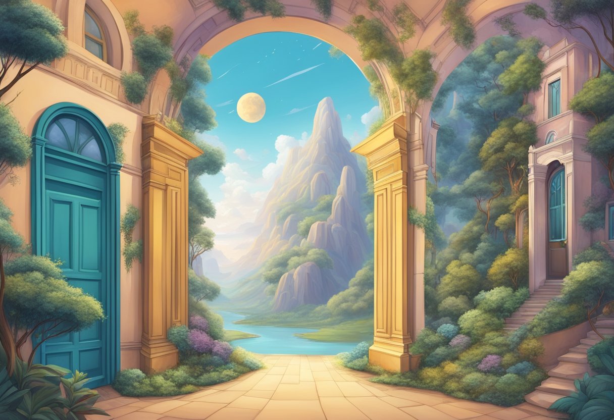 Multiple doorways lead to alternate universes, each with its own unique landscape and inhabitants. A central hub connects them all