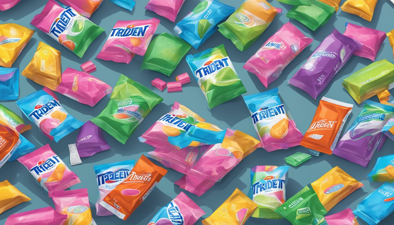 A person surrounded by multiple open packs of Trident gum, with empty wrappers scattered around, indicating excessive consumption