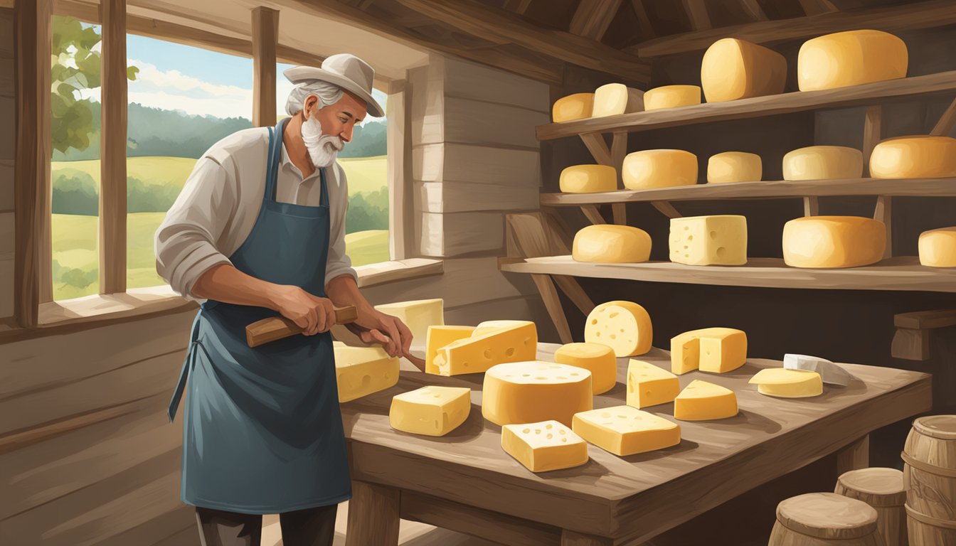 A local artisan in North Carolina crafts cheese using traditional techniques in a rustic, countryside setting