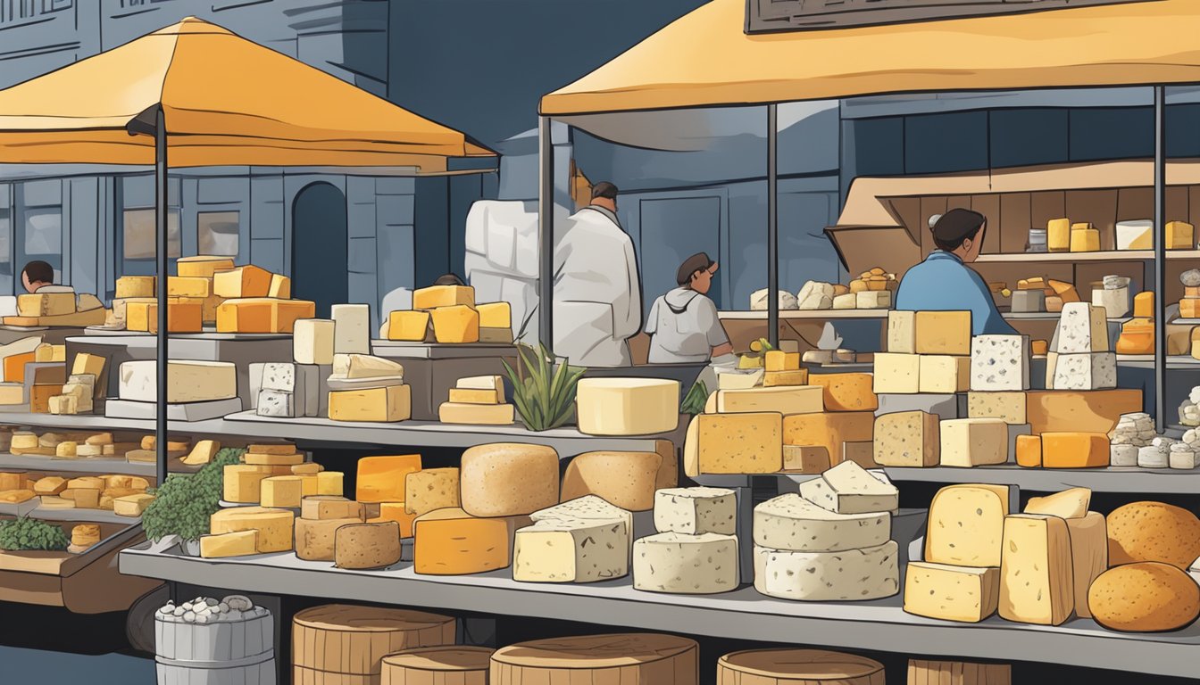 A bustling New York City market stall displays an array of artisanal cheeses, including cheddar, gouda, and blue cheese