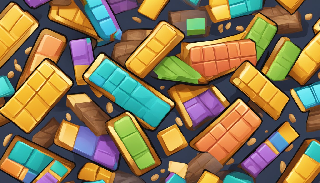 A colorful array of Autumn's Gold grain free bars piled high, with a question mark hovering above